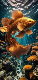 A golden fish gracefully swimming in a vibrant underwater coral reef.