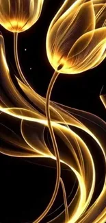 Golden luminous tulips on a dark background with abstract floral design.