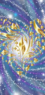 Golden floral abstract on blue and purple swirl background.