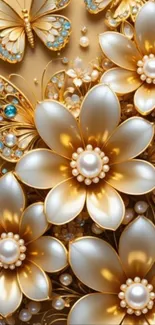 Gold floral wallpaper with intricate pearl details and butterfly accents.