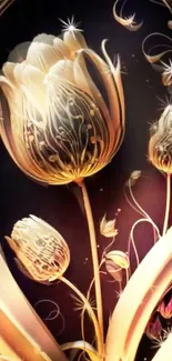 Golden floral design wallpaper with dark background.