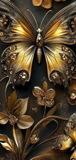 Golden butterflies and flowers on a dark background.