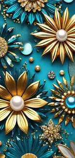 Elegant golden flowers on turquoise background mobile wallpaper.