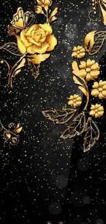 Elegant golden flowers on black wallpaper.