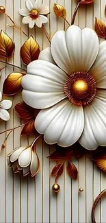 Elegant golden and white floral wallpaper design.