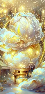 Golden floral fantasy wallpaper with luminous peonies and magical lighting.