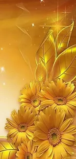 Golden daisy floral wallpaper with shimmering leaves and stars.