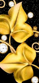 Elegant golden floral wallpaper with gems.