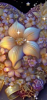 Elegant golden floral heart with ribbons and blossoms on a mobile wallpaper.