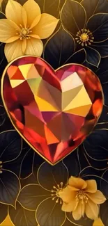 Heart-shaped gemstone with golden floral background.