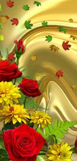 Gold wallpaper with red roses and yellow flowers creating an elegant look.