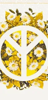 Golden peace symbol with floral pattern on wallpaper.