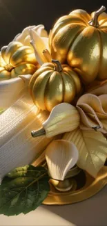 Elegant golden pumpkin arrangement with leaves