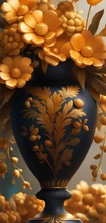 Elegant navy vase with golden flowers on table.