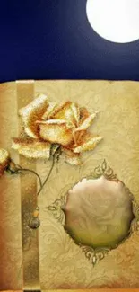 Golden flower on ornate page under a moonlit sky, elegant phone wallpaper.