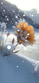 Golden flower blossoms in a snowy landscape, creating a serene and elegant image.