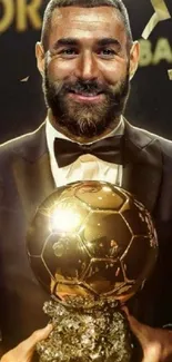 Ballon d'Or winner holding the golden trophy.