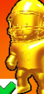 Golden football figure on vibrant orange background with a checkmark.