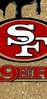 San Francisco 49ers logo on gold glitter background.