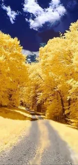 Golden forest pathway with yellow trees and blue sky.