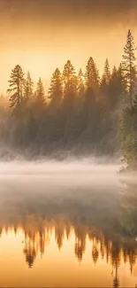 Golden forest reflecting over a misty lake with serene atmosphere.