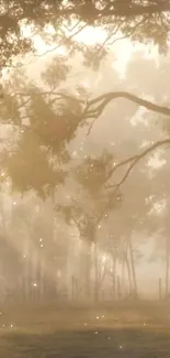 Serene golden-hued forest with mist and sunlight.