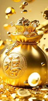Golden fortune bag with coins wallpaper