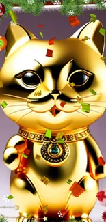 Golden fortune cat with festive confetti and new year theme.