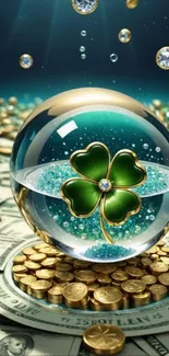 Clover encased in glass sphere with gold coins