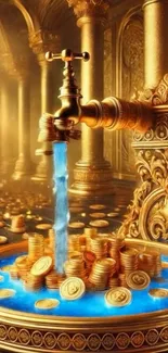 Golden faucet with coins and blue water.