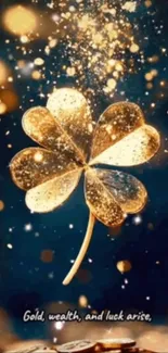Golden four-leaf clover surrounded by sparkles and light.