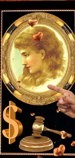 Vintage portrait with ornate gold frame on black background wallpaper.