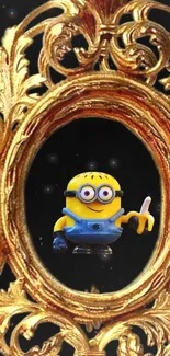 Minion character in golden ornate frame on a dark background.