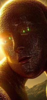 Golden humanoid figure with glowing eyes in futuristic art wallpaper.