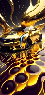 Futuristic golden car with fluid shapes in abstract art. Mobile wallpaper.