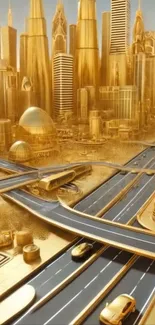 Futuristic golden cityscape with roads and skyscrapers