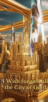 Futuristic golden city skyline with towering buildings.