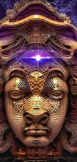 Golden futuristic face with purple accents.