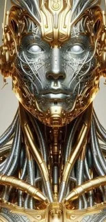 Golden cybernetic android art on mobile wallpaper.