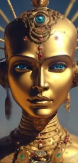 Golden futuristic robot with blue eyes and intricate details.