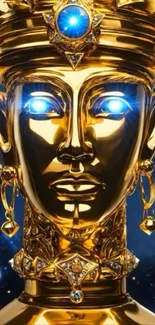 Golden futuristic statue with glowing blue accents on a cosmic background.