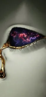 Golden eye with cosmic galaxy texture, surreal art wallpaper.