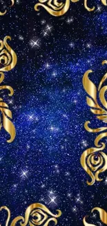 Golden embellishments with blue starry galaxy background wallpaper.