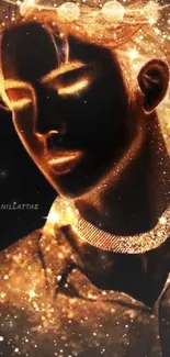 Golden cosmic portrait with galaxy effects on black background.