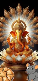 Golden Ganesha statue on lotus with divine aura.