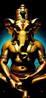 Golden Ganesha artwork on a radiant blue background for mobile screen.