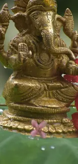 Golden Ganesha statue with raindrops on leaves.