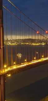 Golden Gate Bridge illuminated at night with city lights in the background.