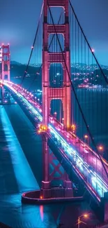 Illuminated Golden Gate Bridge at night with vibrant city lights.