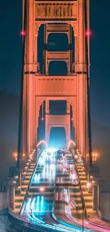 Golden Gate Bridge illuminated at night with vibrant lights.